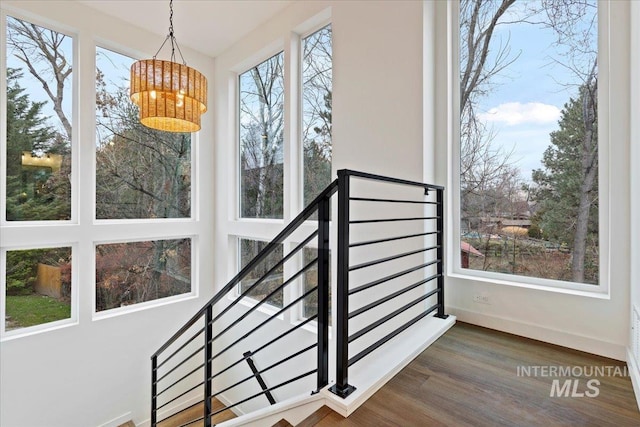 stairs featuring hardwood / wood-style flooring, plenty of natural light, and a chandelier