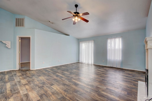 unfurnished living room featuring ceiling fan, dark hardwood / wood-style flooring, and lofted ceiling