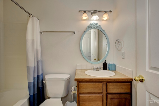 full bathroom with shower / bath combo, vanity, and toilet