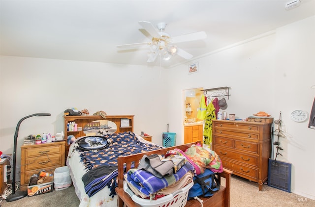 518 N 42nd, Nampa, ID 83687 - bedroom with light colored carpet, a ceiling fan, and ensuite bathroom