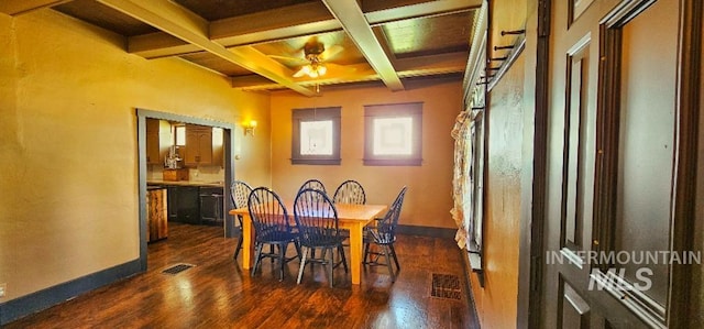 dining area with coffered ceiling, baseboards, ceiling fan, and dark wood-style flooring