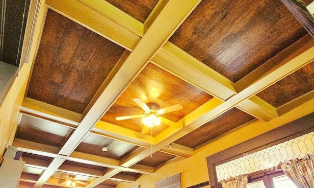 room details featuring beam ceiling, coffered ceiling, and ceiling fan