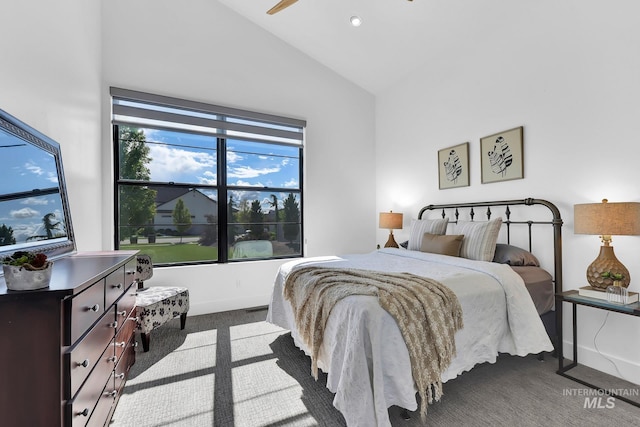 6553 S Pemberley Way, Meridian, ID 83642 - bedroom with dark colored carpet, high vaulted ceiling, and baseboards