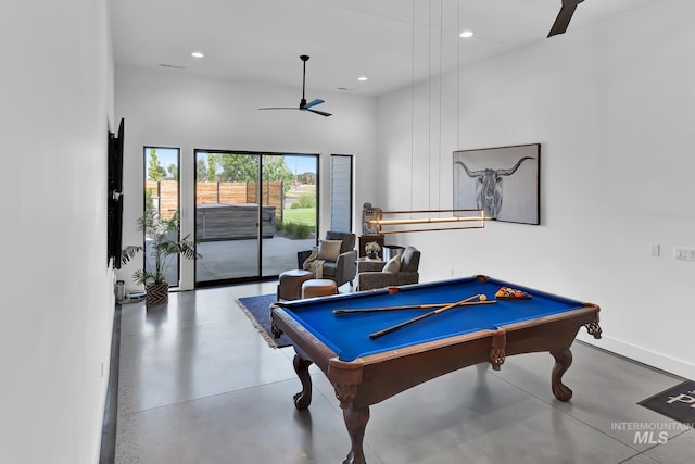 6553 S Pemberley Way, Meridian, ID 83642 - playroom featuring ceiling fan, finished concrete floors, a high ceiling, billiards table, and recessed lighting