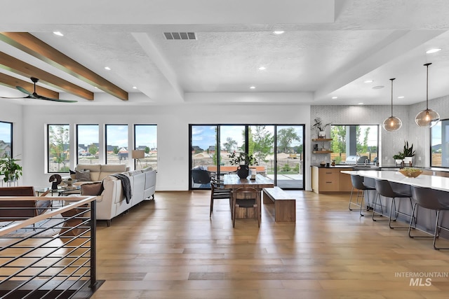 6553 S Pemberley Way, Meridian, ID 83642 - living room with healthy amount of natural light, light wood finished floors, recessed lighting, a textured ceiling, and a raised ceiling