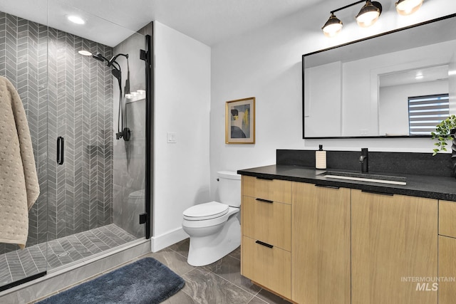6553 S Pemberley Way, Meridian, ID 83642 - full bath featuring toilet, vanity, a stall shower, marble look tile flooring, and recessed lighting