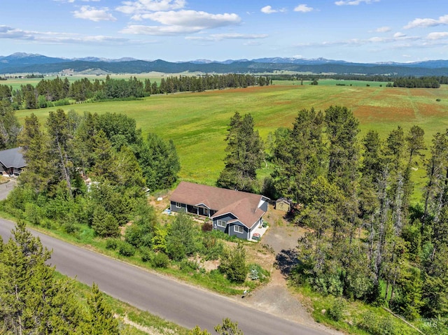 birds eye view of property with a mountain view and a rural view