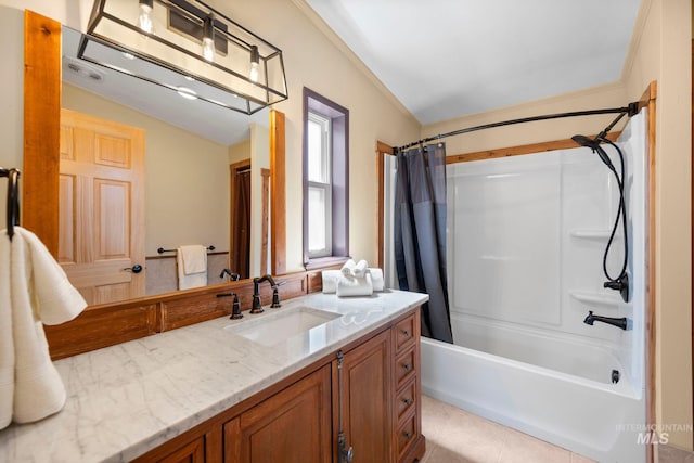 full bathroom with vanity, shower / tub combo, tile patterned flooring, and vaulted ceiling