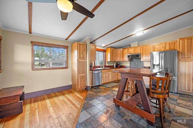 kitchen featuring stainless steel appliances, ceiling fan, baseboards, light brown cabinets, and a sink