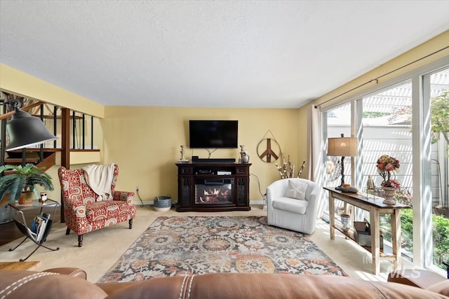 3001 S Roosevelt St Unit 9, Boise, ID 83705 - living area with carpet floors, a textured ceiling, and a glass covered fireplace