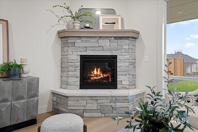 room details with wood-type flooring and a fireplace