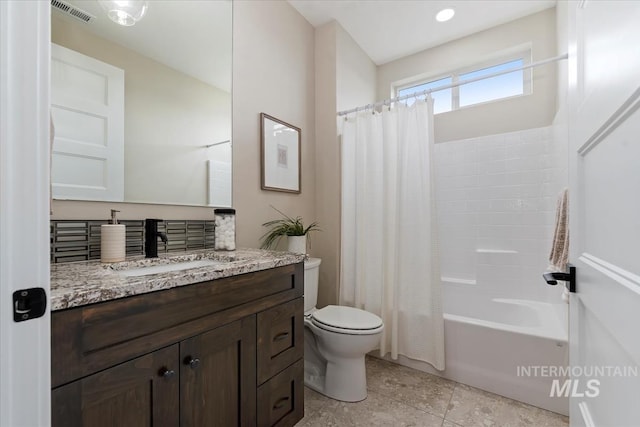 full bath with visible vents, toilet, shower / bath combination with curtain, tile patterned flooring, and vanity