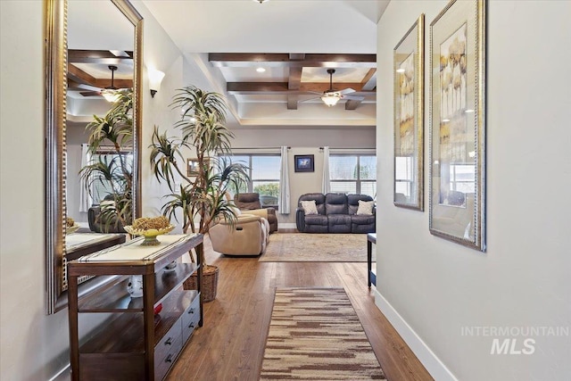 hallway with beam ceiling, coffered ceiling, and wood-type flooring