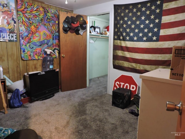 bedroom featuring carpet flooring and wooden walls