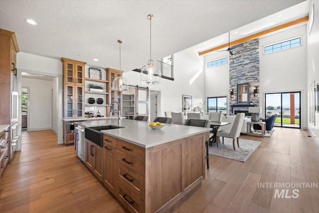 8860 Kemp Rd, Middleton, ID 83607 - kitchen with a sink, a towering ceiling, glass insert cabinets, plenty of natural light, and light wood finished floors