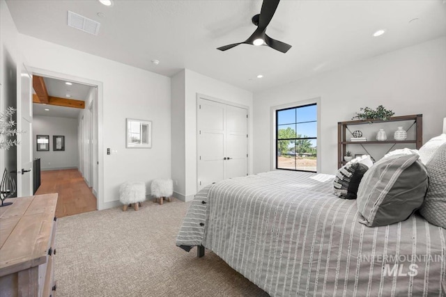 8860 Kemp Rd, Middleton, ID 83607 - carpeted bedroom featuring recessed lighting, a closet, baseboards, and a ceiling fan