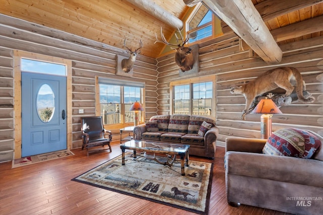 living room featuring rustic walls, lofted ceiling with beams, dark wood-type flooring, and wooden ceiling