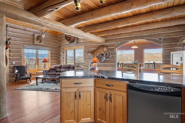 kitchen with dishwashing machine, beam ceiling, wooden ceiling, log walls, and light wood-type flooring