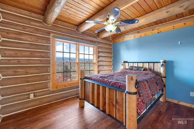 bedroom featuring wood ceiling, beam ceiling, dark wood-type flooring, and log walls