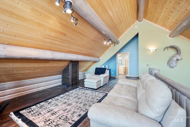 living room featuring wooden ceiling, dark wood-type flooring, rail lighting, and lofted ceiling with beams