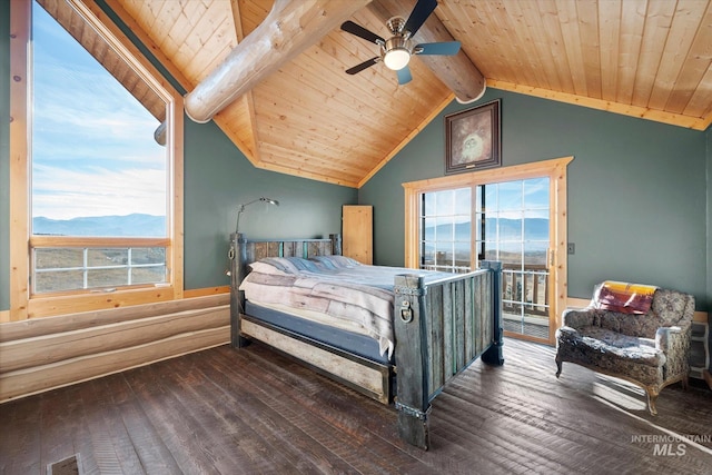 bedroom with lofted ceiling with beams, wooden ceiling, multiple windows, and dark hardwood / wood-style flooring