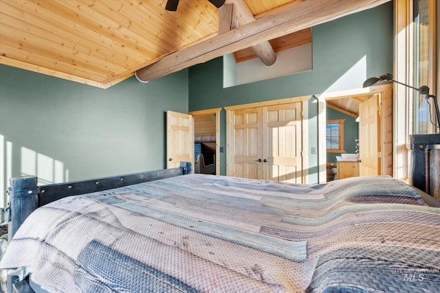 bedroom featuring beamed ceiling, wood ceiling, high vaulted ceiling, and ceiling fan