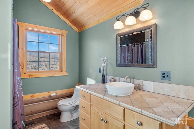 bathroom with vanity, wooden ceiling, tile flooring, toilet, and lofted ceiling