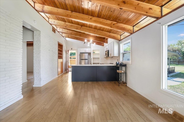 167 W Robbins, Twin Falls, ID 83301 - kitchen featuring appliances with stainless steel finishes, a peninsula, light wood-style flooring, white cabinetry, and a wood ceiling with exposed beams