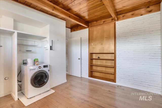 167 W Robbins, Twin Falls, ID 83301 - laundry room with washer / dryer, wooden ceiling, brick wall, and light wood-style floors