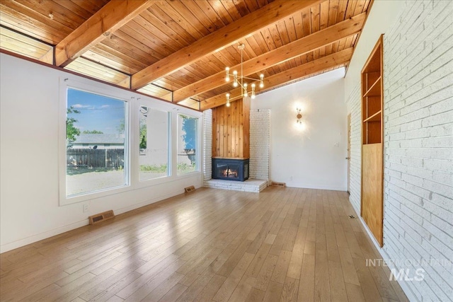 167 W Robbins, Twin Falls, ID 83301 - unfurnished living room featuring a wood ceiling with exposed beams, wood finished floors, and a fireplace
