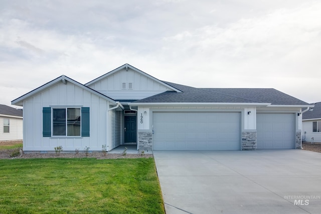 single story home with board and batten siding, a shingled roof, concrete driveway, a garage, and stone siding