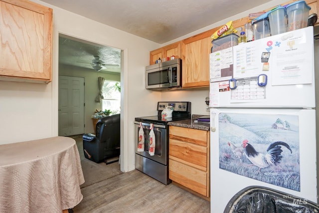 kitchen with ceiling fan, light wood-type flooring, light brown cabinets, and appliances with stainless steel finishes