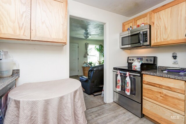 kitchen with ceiling fan, stainless steel appliances, and light brown cabinetry