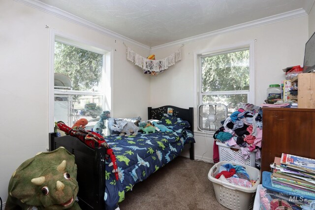 bedroom featuring crown molding, a textured ceiling, and carpet floors