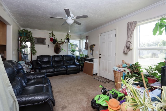 living area featuring carpet floors, crown molding, a textured ceiling, and a ceiling fan