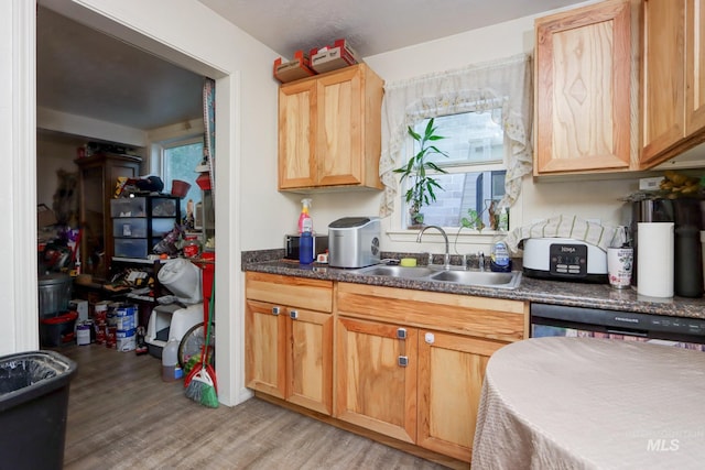 kitchen with light wood-style floors, dark countertops, a sink, and light brown cabinetry