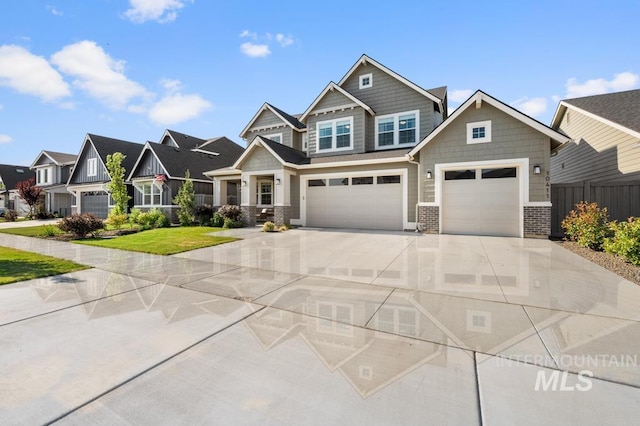 10411 Hazy Glen Dr, Nampa, ID 83687 - craftsman-style house with driveway, a residential view, a garage, and brick siding