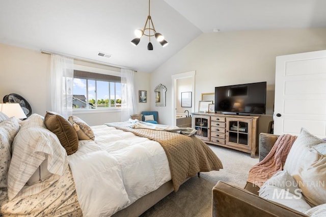 10411 Hazy Glen Dr, Nampa, ID 83687 - bedroom with light colored carpet, vaulted ceiling, and a chandelier