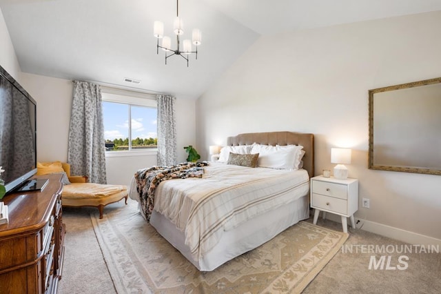 10411 Hazy Glen Dr, Nampa, ID 83687 - bedroom with a chandelier, vaulted ceiling, and light carpet