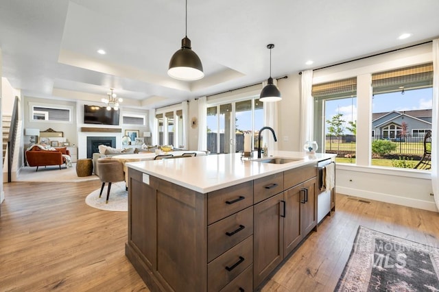 10411 Hazy Glen Dr, Nampa, ID 83687 - kitchen featuring a raised ceiling, light wood-style flooring, a kitchen island with sink, stainless steel dishwasher, and pendant lighting