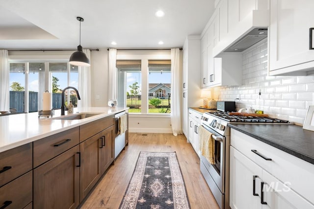 10411 Hazy Glen Dr, Nampa, ID 83687 - kitchen with stainless steel gas stove, range hood, dishwashing machine, light wood-style flooring, and tasteful backsplash