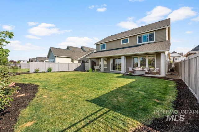 10411 Hazy Glen Dr, Nampa, ID 83687 - back of house with an outdoor living space, a fenced backyard, roof with shingles, and a patio