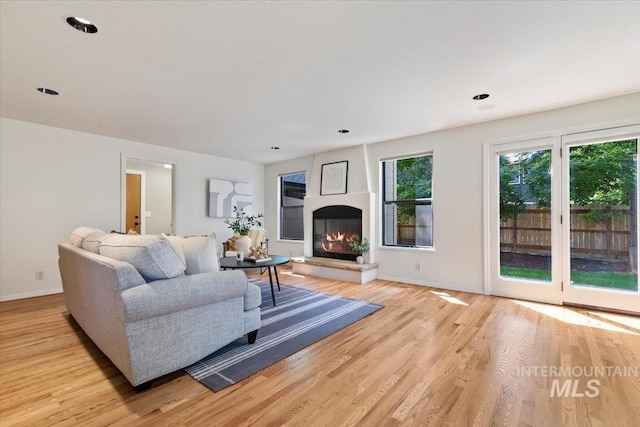 1814 E Spinnaker Ct, Boise, ID 83706 - living area featuring light wood-type flooring, a glass covered fireplace, baseboards, and recessed lighting