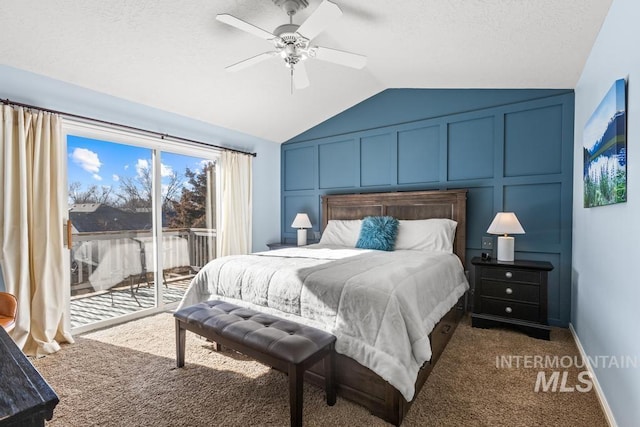 carpeted bedroom with lofted ceiling, a textured ceiling, access to outside, and ceiling fan