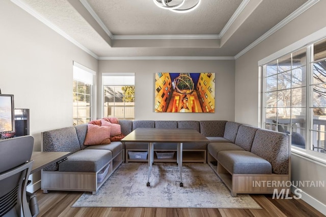 living room with breakfast area, hardwood / wood-style floors, a tray ceiling, and plenty of natural light