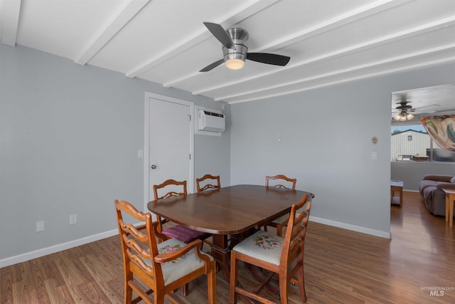 101 Patton St, Marsing, ID 83639 - dining space featuring a ceiling fan, beamed ceiling, a wall mounted air conditioner, wood finished floors, and baseboards
