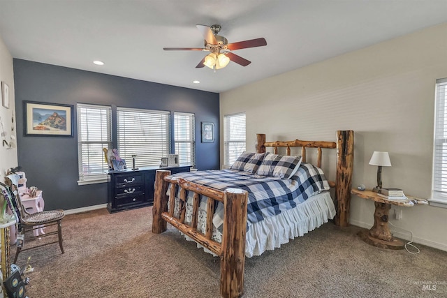 bedroom with carpet floors, ceiling fan, baseboards, and recessed lighting