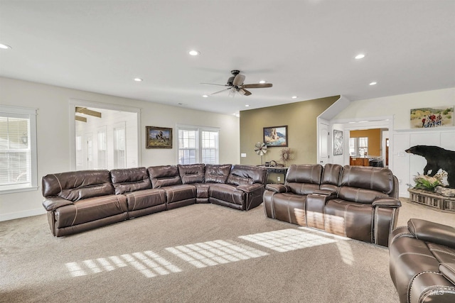 living room with carpet, ceiling fan, and recessed lighting