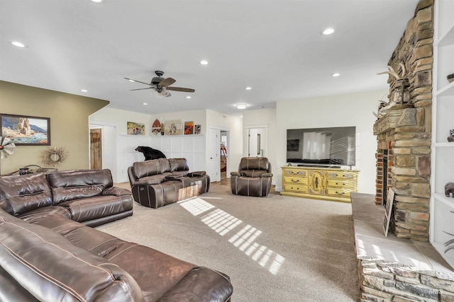 living room featuring ceiling fan, carpet flooring, and recessed lighting