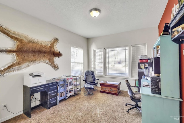 office area with carpet floors, a textured ceiling, and baseboards